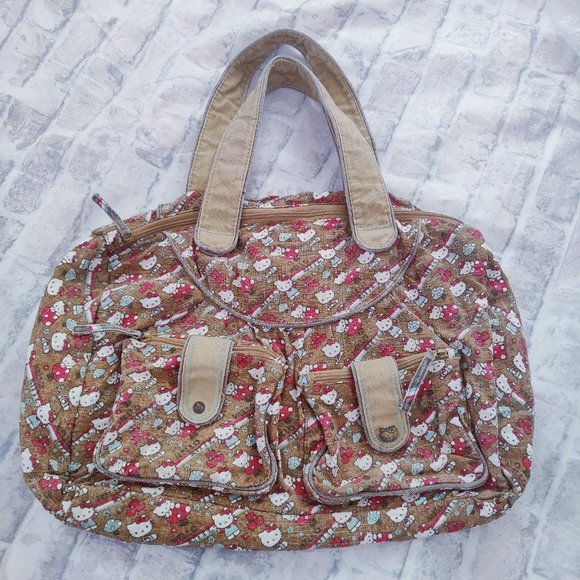 Y2K HTF Loungefly Hello Kitty Mushroom Duffel Weekender Bag Brown Red White - Picture 10 of 12